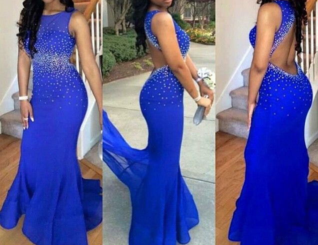Sexy Scoop Court Train Backless Mermaid Evening Dresses Chiffon Beaded Royal Blue Prom Gowns 2016