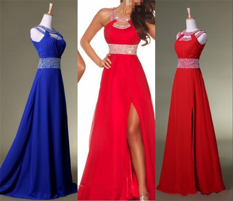 2016 Cheap Red Blue Prom Dresses Crew Sleeveless With Sequins Beaded ...